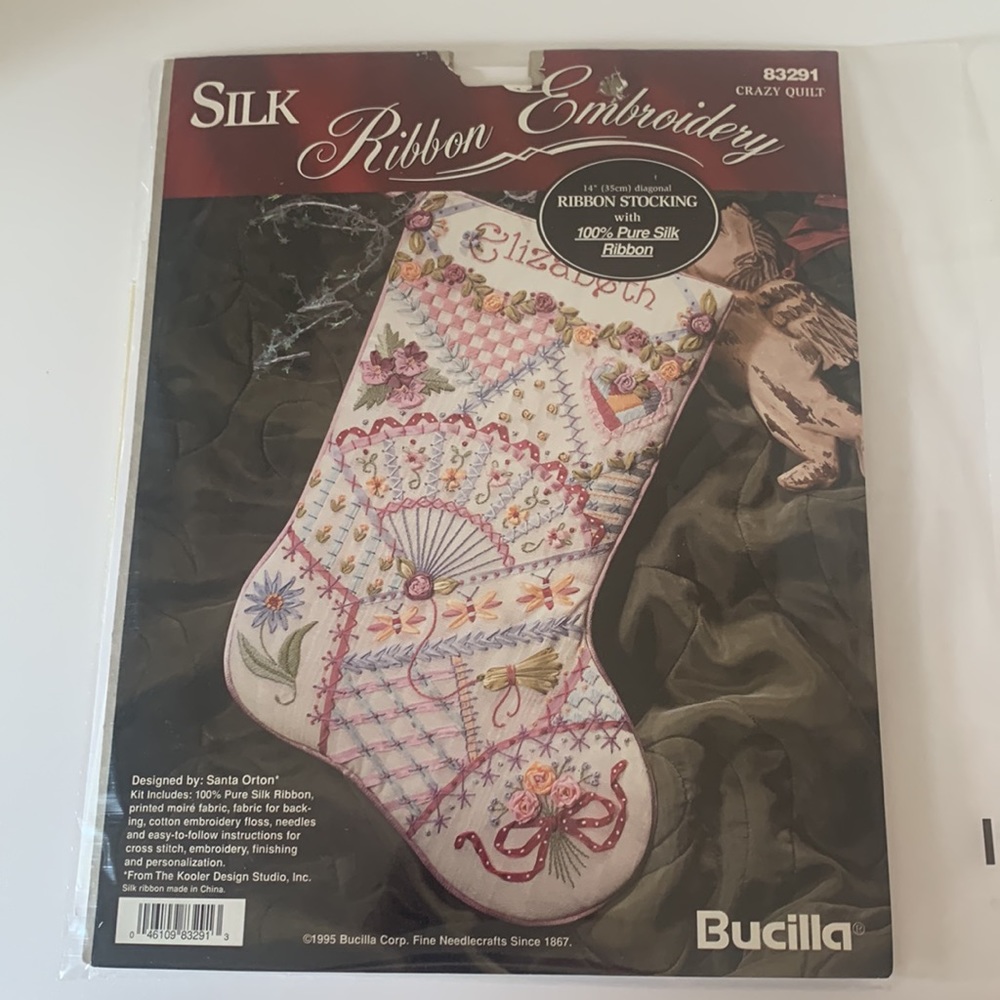 1995 Bucilla Crazy Quilt Silk Ribbon Embroidery 14” Stocking 83291